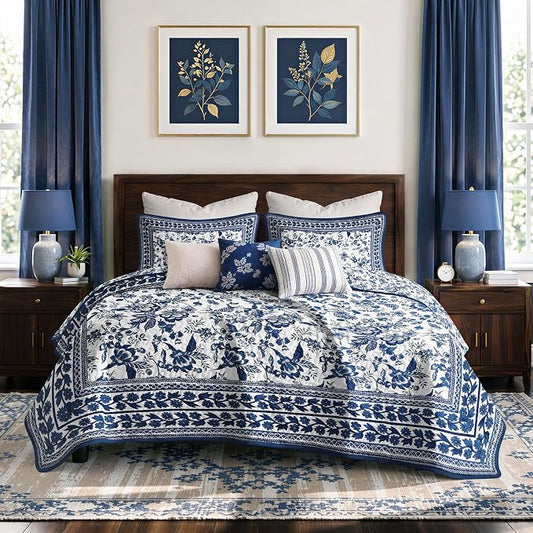 FLYMME Blue and White Vintage Floral Quilt Set Twin Size, 2-Piece Classic Reversible Bedspread Coverlet with 1 Pillow Sham, Lightweight Botanical Bedding Set for All Season