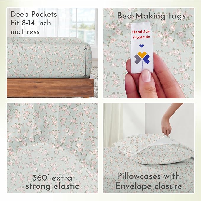 Soft Natural 100% Cotton Sateen Full Sheets, 4 Pc Set, Vintage Rose Print | Backed by Good Housekeeping Seal, Light & Breathable For Hot Sleepers, 14" Deep Pocket, All-Around Elastic, Durable