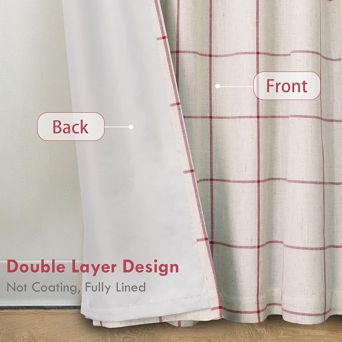 DriftAway 100% Blackout Plaid Linen Curtains 102 Inches Long 2 Panels Red | 100% Blackout, Linen Texture, Plaid Pattern, Two Layers, Rod Pocket & Back Tab, Bedroom Living Room Use, Luxury Appearance