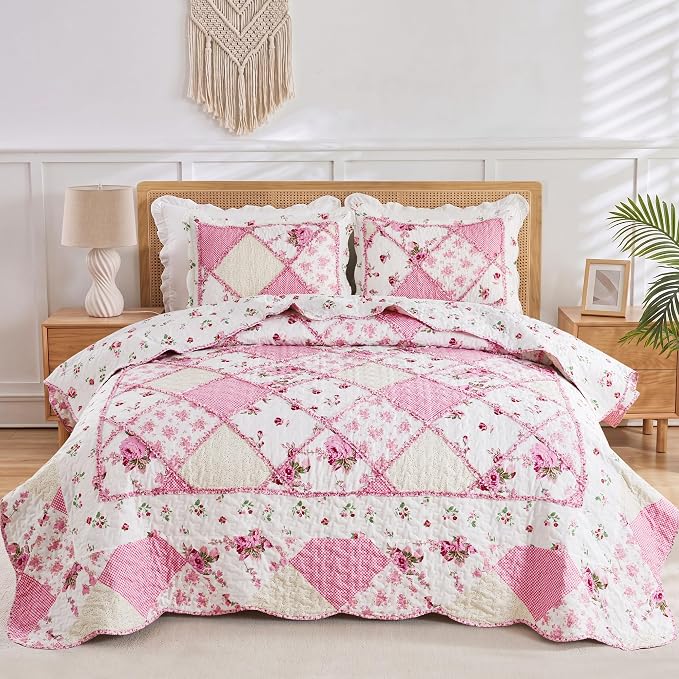 Oversized King Size Quilt Set 128x120 Pink Floral Patchwork Bedspreads Set | 3-Piece Extra Wide Super King Size Bedding Set Rversible Quilted Coverlet Lightweight Comforter Bed Cover with 2 Pillowcases