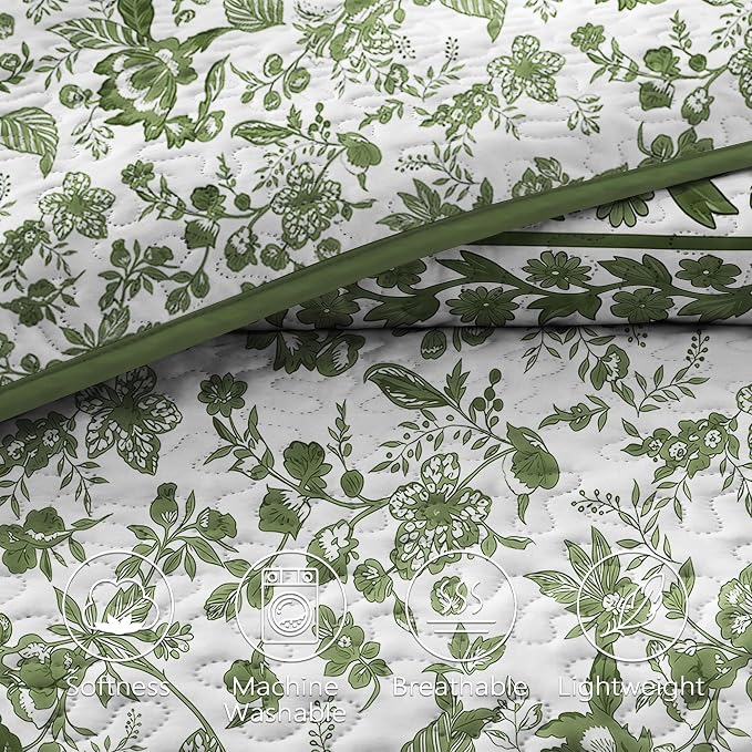 FLYMME Green Vintage Floral Quilt Set Full/Queen Size, 3-Piece Classic Reversible Bedspread Coverlet with 2 Pillow Shams, Lightweight Botanical Bedding Set for All Season