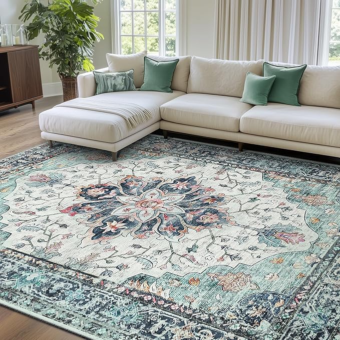 RELEANY Washable Area Rug, 7'x10', Beige/Carbon Grey/Orange | Non-Slip, Water Repellent, Pet Friendly, Easy to Clean, Vintage Floral Boho Decor for Living Room Bedroom Dining Room Office