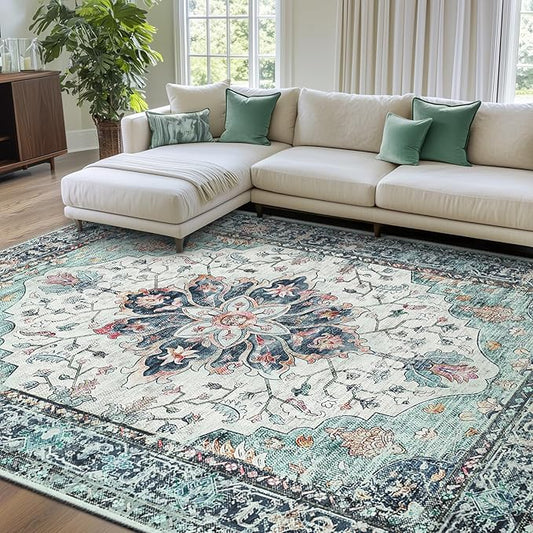 RELEANY Washable Area Rug, 7'x10', Beige/Carbon Grey/Orange | Non-Slip, Water Repellent, Pet Friendly, Easy to Clean, Vintage Floral Boho Decor for Living Room Bedroom Dining Room Office