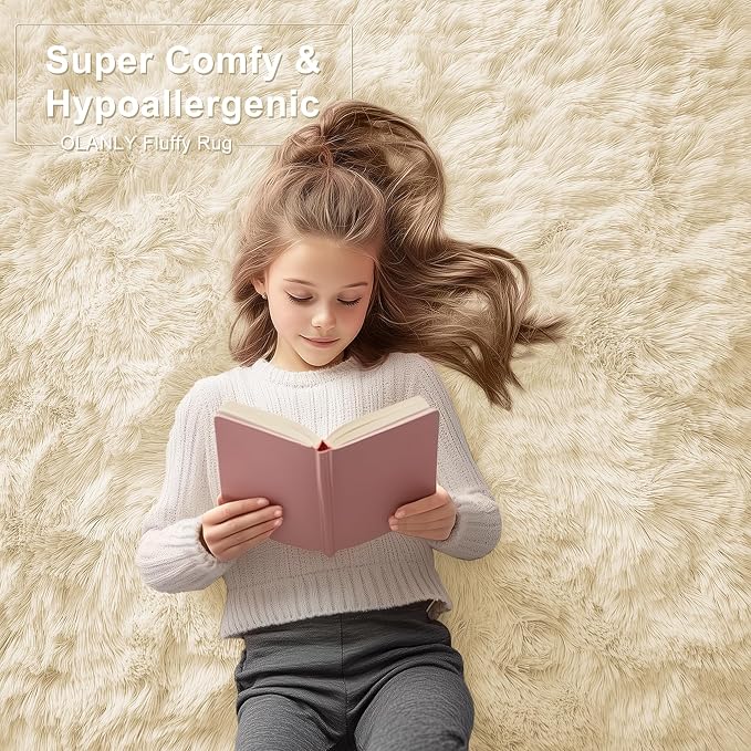 OLANLY 6x9 Machine Washable Large Area Rugs for Living Room, Bedroom, Soft Fluffy Shaggy Bedside Rug, Indoor Floor Carpet for Kids Girls and Boys, Dorms, Nursery, Home Decor Aesthetic, Cream