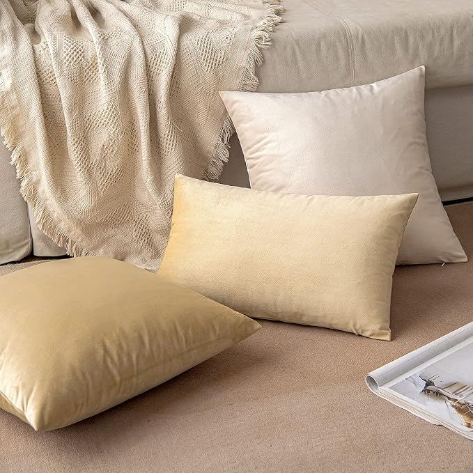 MIULEE 12x20 Inch Lumbar Velvet Throw Pillow Covers Beige | Pack of 2 Soft Solid Decorative Pillow Covers, Modern Luxury Home Decor, for Chair Couch Sofa Bedroom Livingroom