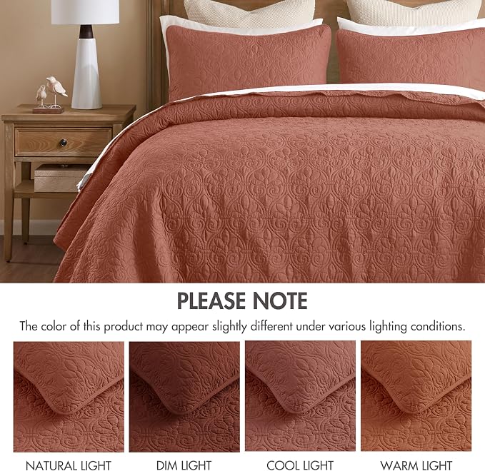 Madison Park Queen Quilt Bedding Set, Cottage-Inspired Damask, 3PC | All Season Quilted Coverlet, Classic Stitch Pattern Bedspread & Shams, Ultra Soft Microfiber Bedspread Set, Clay Red
