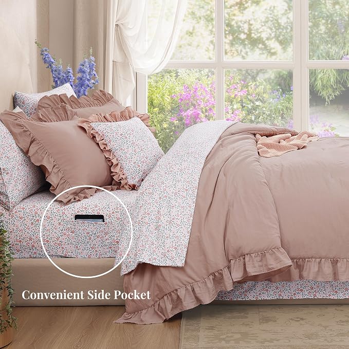 Queen Comforter Set-7 Pieces Ruffle Bedding with Floral Sheet | Pink Bed in a Bag, Soft Lightweight All Season Farmhouse Queen Bedding Sets with Floral Sheets, Pillowcases & Shams