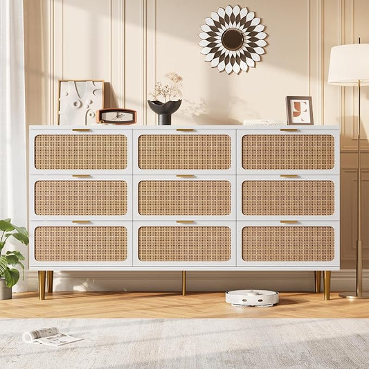 GarveeHome Rattan 9 Drawer Dressers for Bedroom, Deep Drawer, White | Tall Dresser, Wide Top, for Living Room, Hallway, Kids Room, Large Chest of Drawers for Closet, Long Wooden Dresser
