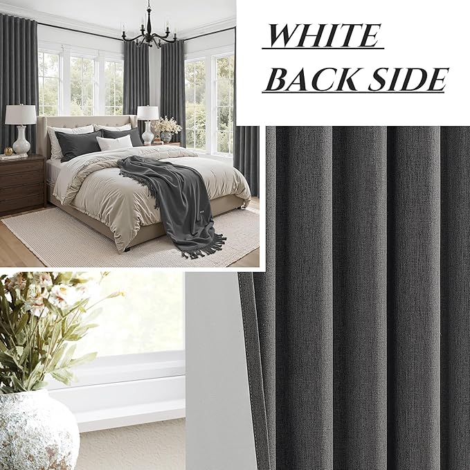 Dark Gray 100% Black Out Linen Curtains 90 Inches Long 2 Panels Set for Kids Boys Room, Country Farmhouse Pleated Ceiling Track Curtain Window Drapes Heavy Thermal for Nursery Charcoal Grey(50"Wx90"L)