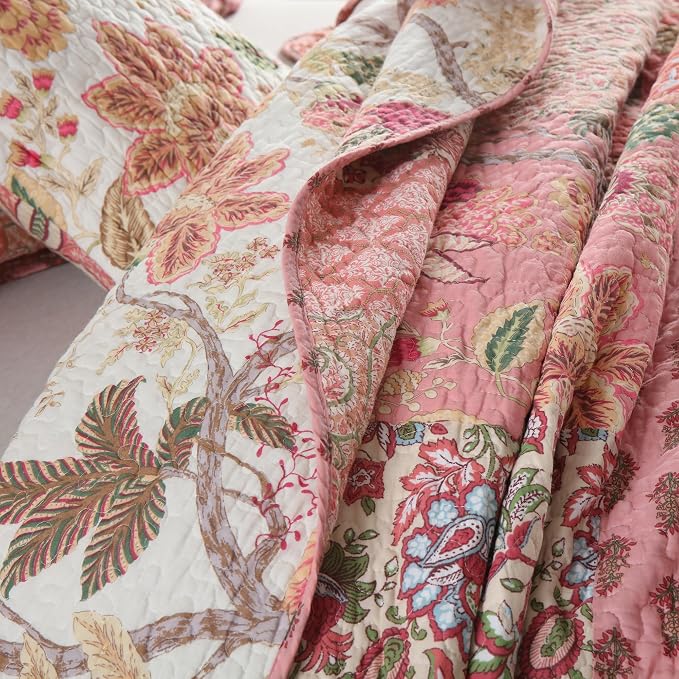 Cotton Patchwork Bedspread, 3-Piece Bedding Quilt Set with Real Stitched Embroidery, Reversible Matelasse Bed Coverlet Set,Bohemian Floral, King Size