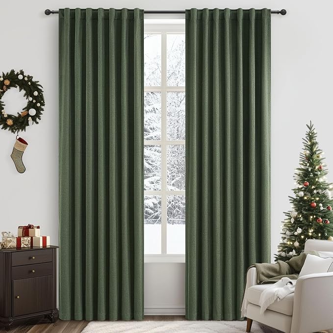 QJmydeco Dark Green Curtains 84 Inches Long, Blackout Spring Curtains for Living Room Cooling Heat Reflective Linen Look Vintage Drapes for Bedroom Back Tab Pleated (Olive,2Panels W50 xL84)
