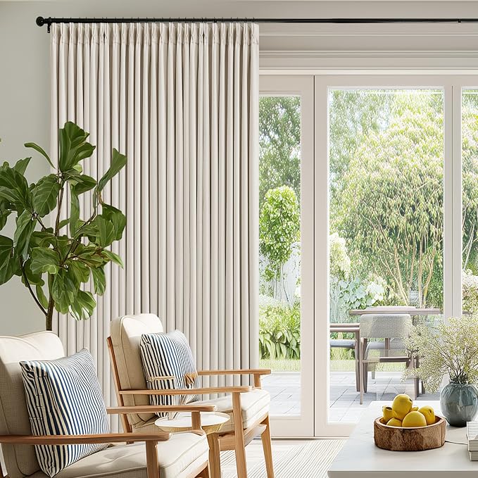 Natural Pinch Pleated Blackout 90 Inch Bedroom Curtain 70 Inch Wide 1 Panel | Thick Linen Dual Layer Soundproof, 100% Black Out Drapes, Farmhouse Window Curtains for Living Room, Hooks Rings Back Tab