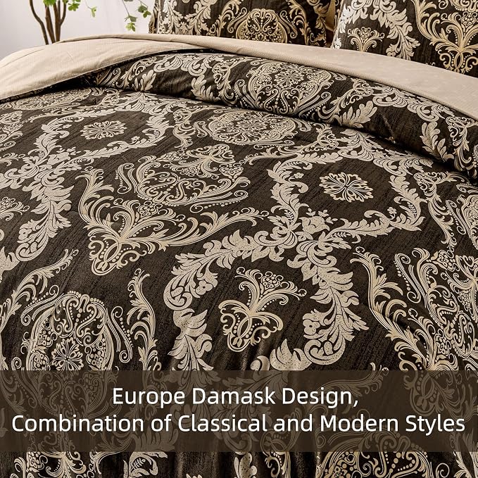 WONGS BEDDING 7 Pieces Comforter Set King Size,Damask Texture Design Bed in a Bag Bedding Sets,Brown Soft Lightweight Microfiber Bedding Set for All Season