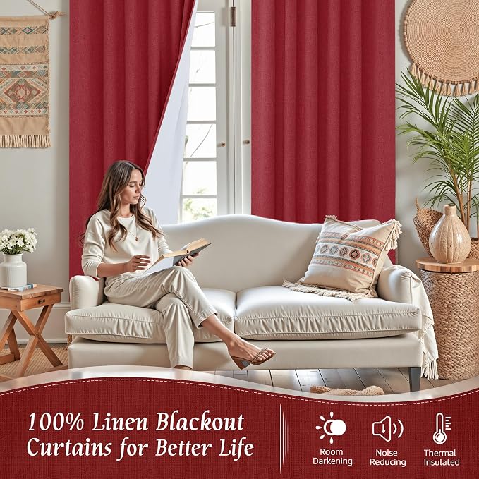 Red 100% Blackout Linen Window Curtains for Bedroom 45 Inch 2 Panels | Linen Textured, Thermal, Christmas Decor Drapes, Privacy Window Panels, Rod Pocket Back Tab, with White Liner, 52 x 45 Inch