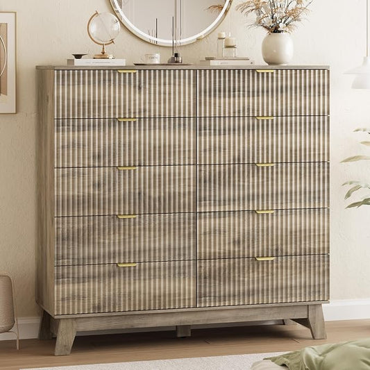 Xixini Fluted Dresser for Bedroom with 10 Drawers, 48" Wide Modern Chest of Drawers with Metal Handle, Wooden Dresser TV Stand, Wood Closet Clothes Storage Organizer for Living Room, Hallway, Grey