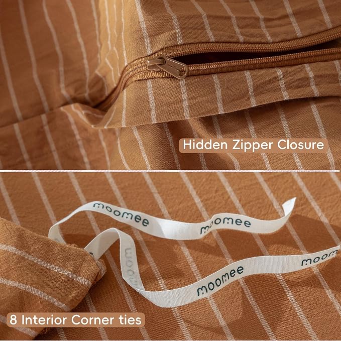 MooMee Striped Duvet Cover Set 100% Washed Cotton Linen Like King | Relaxed Linen-like Texture. Soft, Breathable & Long-lasting Comfort. Lightweight. Hidden Zipper with 8 Interior Corner Ties