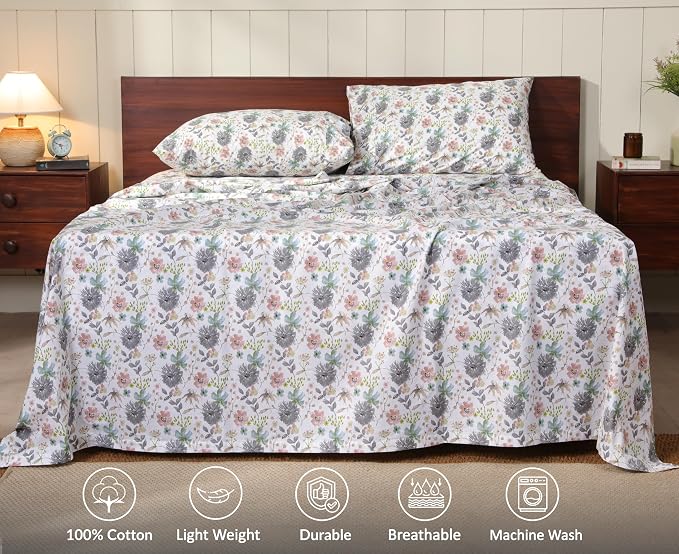 RUVANTI 100% Cotton Percale Sheets Split King Size, Dandelion Field | Crisp Cooling, Deep Pocket 16", Soft Breathable & Durable, Hotel-Style, 5 Piece Set