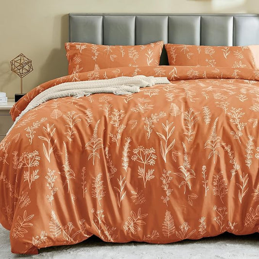 MUXHOMO Duvet Cover Full Size, Reversible Floral Caramel Duvet Cover Set with Zipper Closure, 3 Pieces Botanical Patterns Soft Microfiber Bedding Set with 4 Ties (80"x90", 2 Pillow Cases)