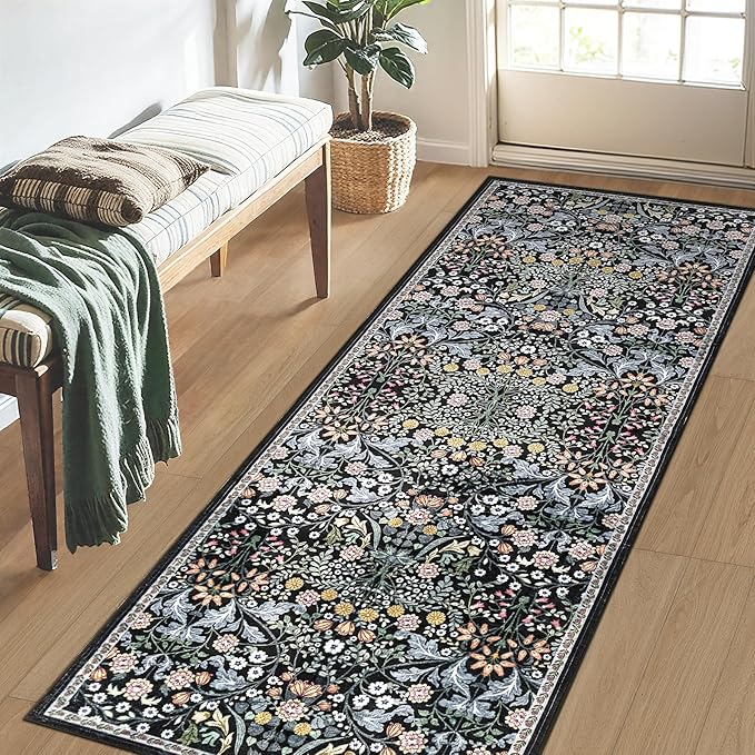 PLHXFR 2x6 Washable Runner Rug：Floral Indoor Kitchen Carpet Dark Black | For Hallway Bedroom Kitchen Laundry Bathroom Dorm,Vintage Floral,Machine washable,Non Slip,Stain Resistant,Indoor Floor
