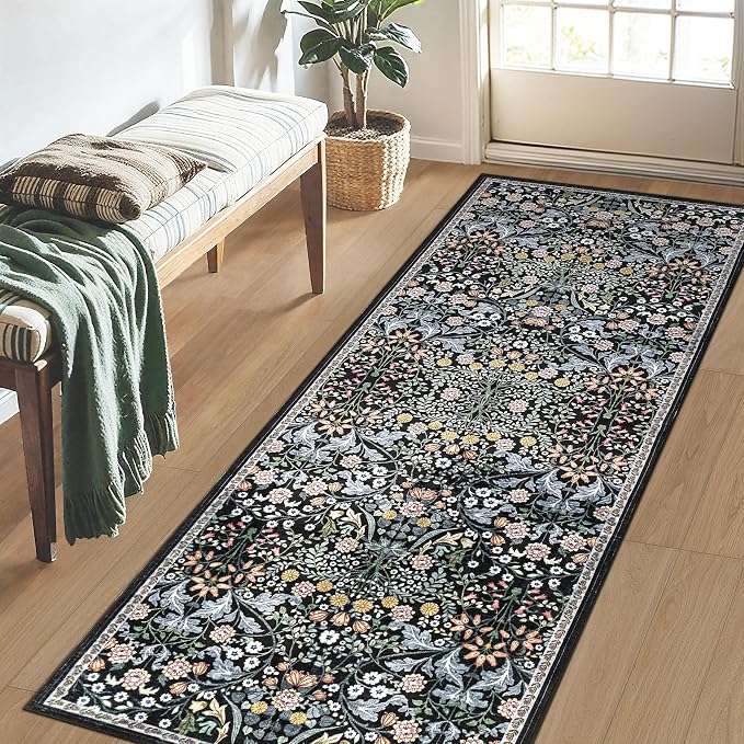 PLHXFR 2.6x8 Washable Runner Rug：Floral Indoor Kitchen Carpet Dark Black | For Hallway Bedroom Kitchen Laundry Bathroom Dorm,Vintage Floral,Machine washable,Non Slip,Stain Resistant,Indoor Floor