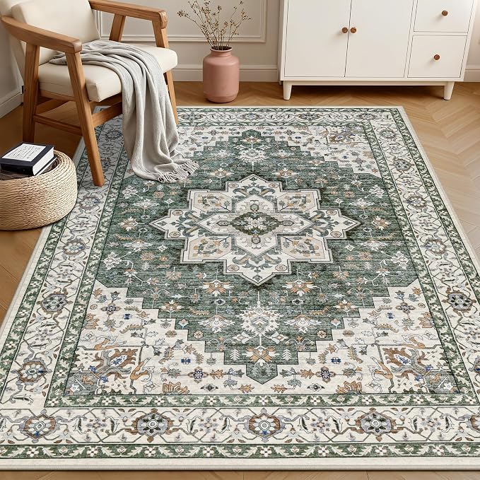 6x9 Area Rugs Living Room: Washable Rug for Bedroom Green Ivory | Boho No Slip Stain Resistant Rug Soft Indoor Decor Floor Floral 6x9 Area Rugs for Dining Room, Nursery, Hallway, Home Office