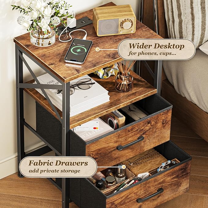 Huuger Nightstand Set of 2 with Charging Station, USB-C Port, End Tables | Night Stand with 2 Drawer Side Table with Open Shelf, Bedside Table for Small Spaces, X Shaped Side Rail, Rustic Brown