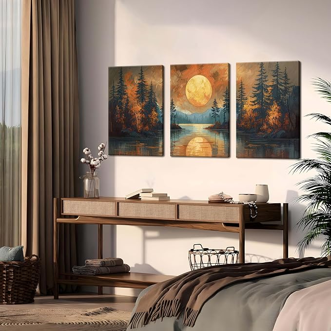 Framed Gold Mountain Forest Sunset Landscape Wall Art Set of 3, Abstract Boho Lakeside Forest Sunset Wall Decor, Vintage Nature Landscape Canvas Prints Poster for Living Room Bedroom Office 12x16 Inch