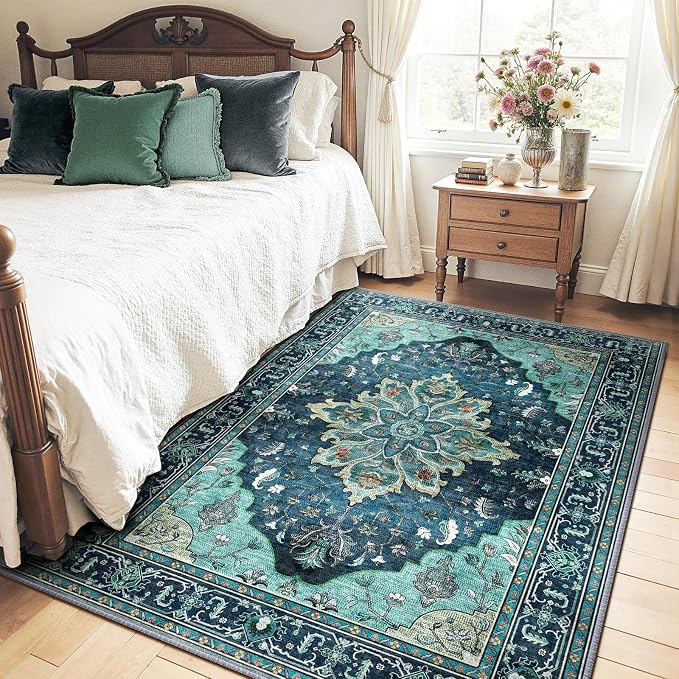 RELEANY Washable Area Rug, 4'x5', Teal | Non-Slip, Water Repellent, Pet Friendly, Easy to Clean, Vintage Floral Boho Decor for Living Room Bedroom Kitchen Office