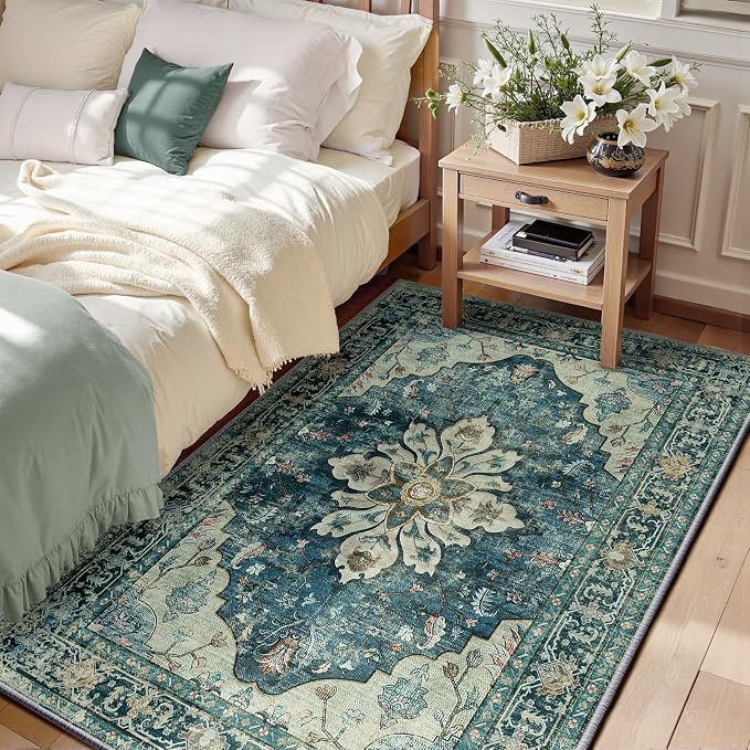 RELEANY Washable Area Rug, 3'x5', Blue/Vintage Dark Blue | Non-Slip, Water Repellent, Pet Friendly, Easy to Clean, Vintage Floral Boho Decor for Living Room Bedroom Beside Kitchen