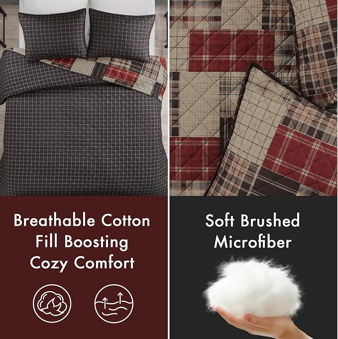 Madison Park Patchwork Farmhouse Red/Black King Quilt Set, 3pc | Diamond Quilted, Reversible Coverlet Set, Plush Cotton Filled, Lightweight, Machine Washable, Easy Care, All-Season, Cozy