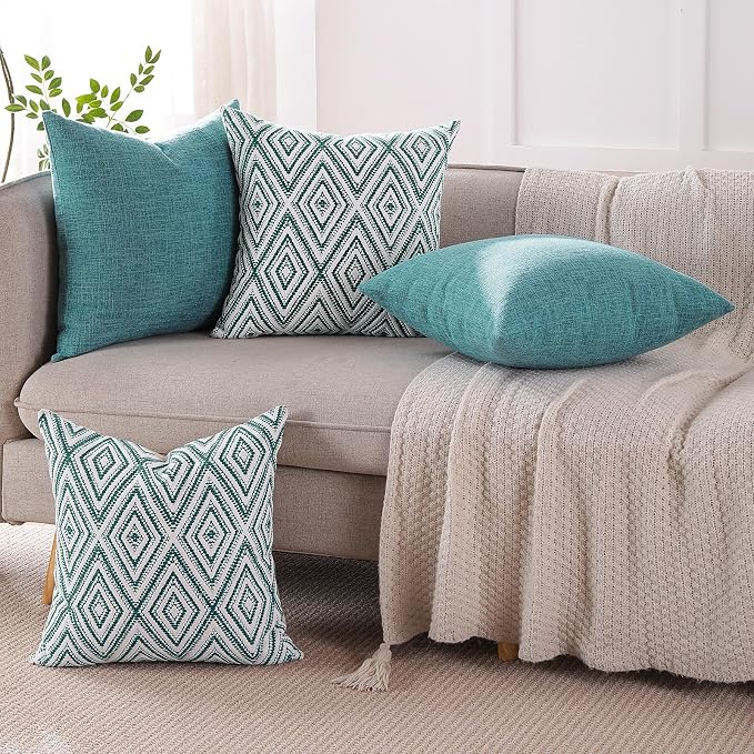 HPUK Throw Pillow Covers 18x18, Set of 4, Aqua Blue Couch Pillow Covers | Polyester fabric, patterned and solid designs, hidden zippers, machine washable, for sofas and beds, inserts not included