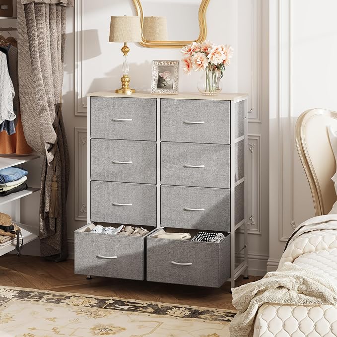 WLIVE Fabric Dresser for Bedroom, Tall Dresser with 8 Drawers, Storage Tower with Fabric Bins, Double Dresser, Chest of Drawers for Closet, Playroom, Dormitory, Light Grey | 8-drawer tall storage tower with fabric bins and wood tabletop, breathable non...
