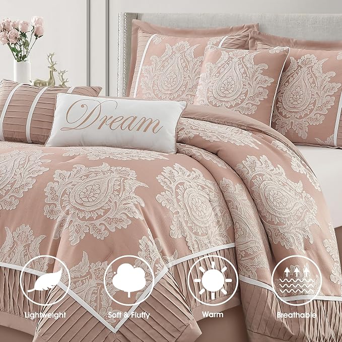 Blush King Size Comforter Set 7 Pieces, Jacquard Woven with Damask, Bedding Set in a Bag Includes Comforter, Bed Skirt, Pillow Shams, and Decorative Pillows