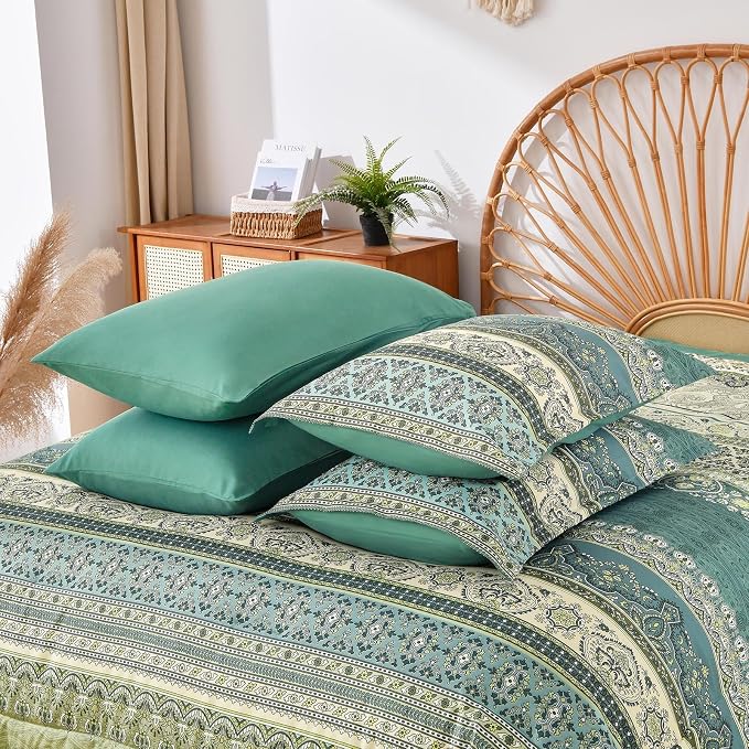 Cottolester Boho King Comforter Set 8 Pieces,Green Bohemian Comforter Paisley Striped Bed in A Bag,Soft Microfiber Bedding Set for All Season