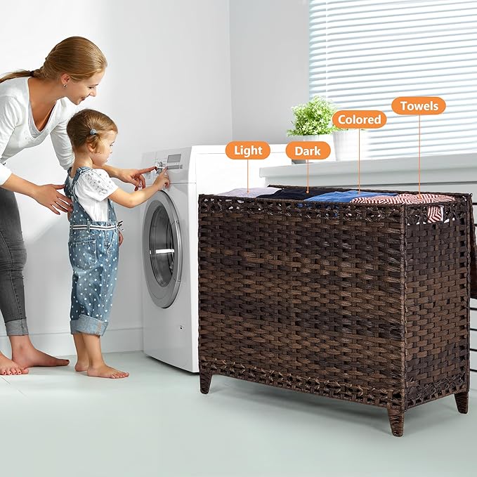 Laundry Hamper with 4 Removable Liner Bags, 176L Laundry Sorter with Lid | Raised Feet; Side Carry Handles; Handwoven PP Rattan; Rust-Resistant Iron Frame; Decorative Woven Design