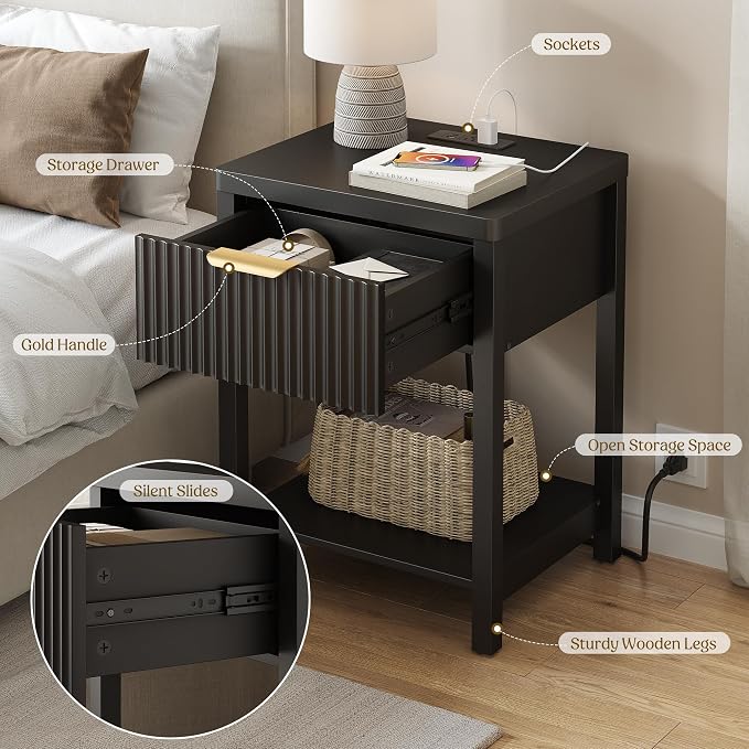 Night Stand Set 2, Fluted Wood Nightstands w/Charging Station for Bedroom | Black, Storage Drawer, Open Shelf, Metal Silent Rails, Round Corners, Modern Fluted Panel, Living Room, Bedside Table