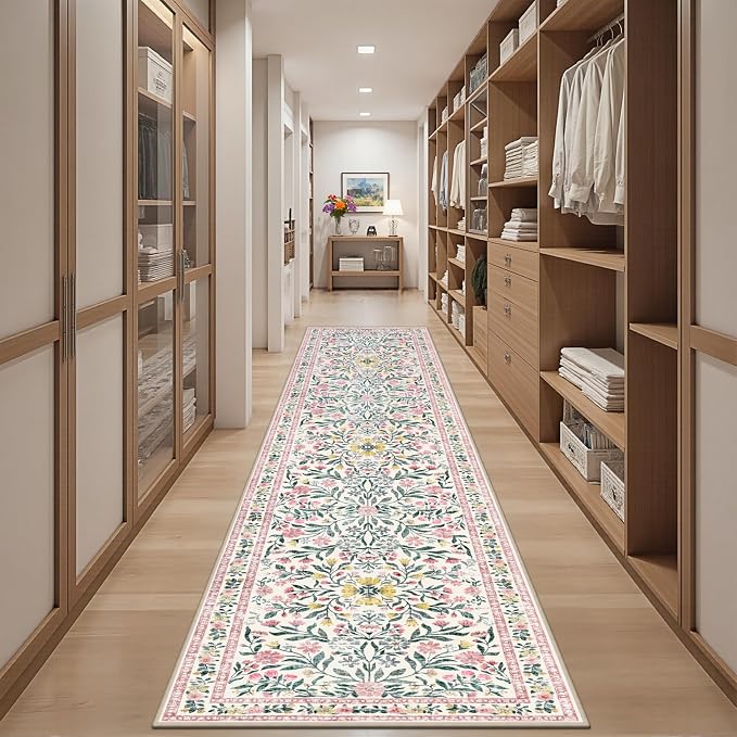 PLHXFR 2.6x10 Washable Runner Rug：Floral Indoor Kitchen Carpet Pink Green | For Hallway Bedroom Kitchen Laundry Bathroom Dorm,Vintage Floral,Machine washable,Non Slip,Stain Resistant,Indoor Floor