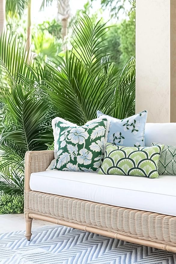 Hofdeco Premium Coastal Patio Indoor Outdoor Throw Pillow Cover Only, 20"x20" Water Repellent for Backyard, Couch, Green Baby Blue Print Tropical Hisbucs Flowers