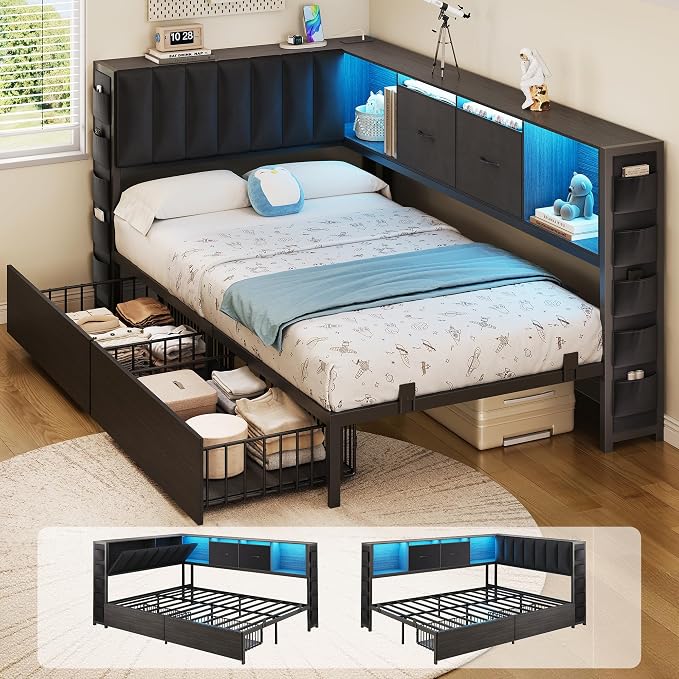 MapleGrace Twin Corner Bed Frame with Upholstered Storage Headboard and Drawers, Metal Platform Bed Frame with LED Light and Charging Station, Twin Daybed for Living Room, Bedroom & Guest Room, Black