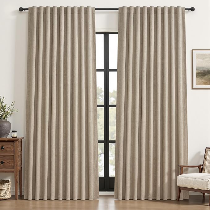 Extra Wide 60 Inch Blackout Curtains 96 Inches Long for Living Room, Rustic Boho Room Darkening Textured Linen Pleated Insulated Ceiling Track Large Window Drapes (60"W x 96"L 2 Panels Grey Beige)