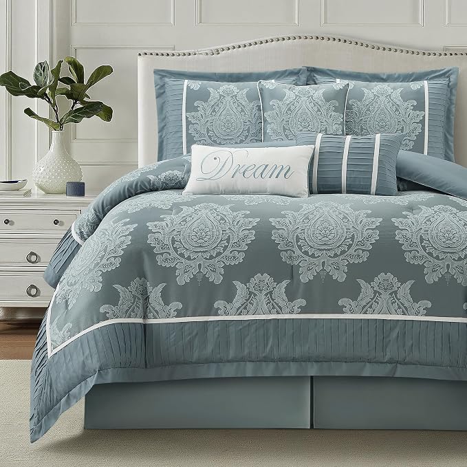 Blue King Size Comforter Set 7 Pieces, Jacquard Woven with Damask, Bedding Set in a Bag Includes Comforter, Bed Skirt, Pillow Shams, and Decorative Pillows