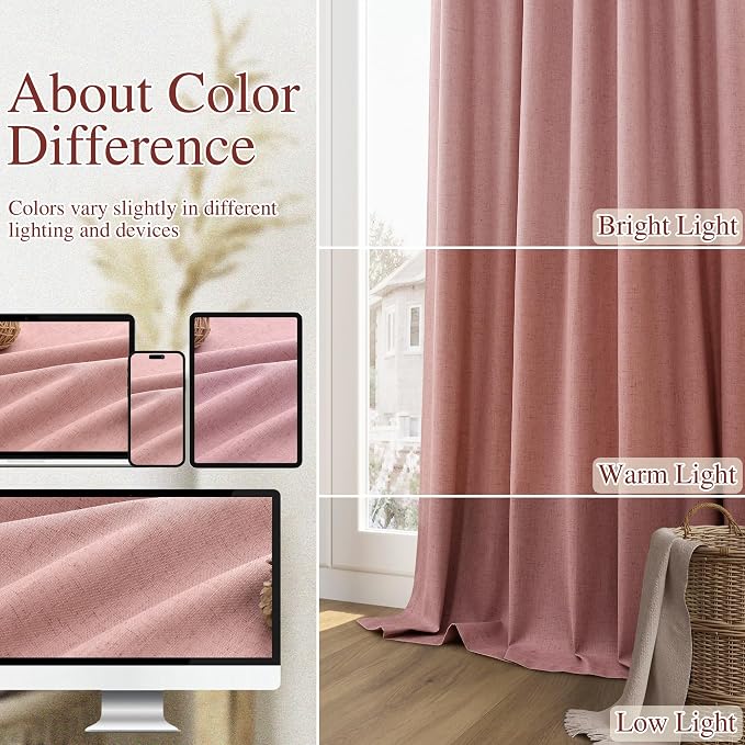 100% Blackout Curtains 84 Inch Length 2 Panels Set for Living Room Bedroom Back Tab Thermal Insulated Black Out Linen Drapes Room Darkening Window Curtains 84 Inches Long, Ash Rose
