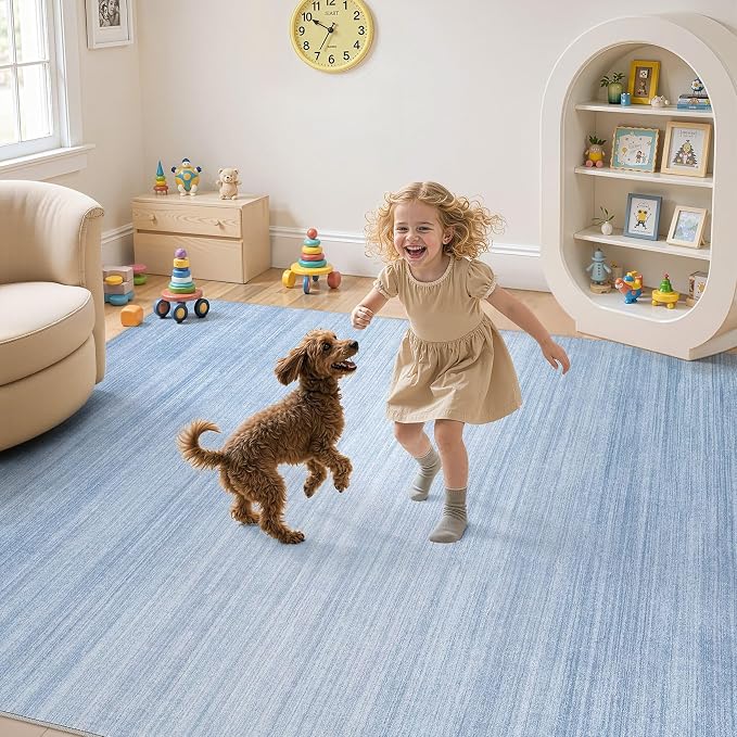 UERMEI 8x10 Washable Area Rug - Neutral Modern Abstract Living Room Rugs, Non-Slip Soft Large Indoor Floor Carpet for Bedroom Home Office & Under Dining Table Decor, Blue