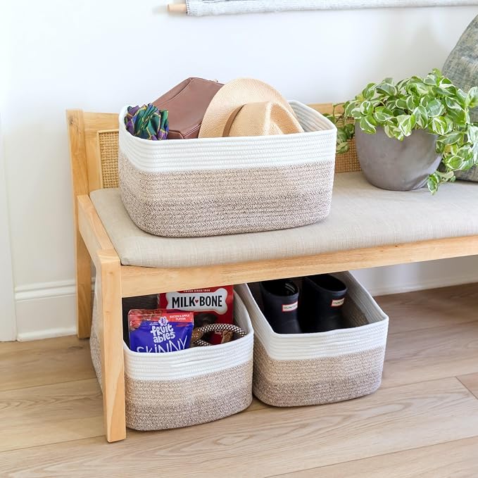 NaturalCozy Storage Baskets 16.8”x13”x7.6” Cotton Rope Woven Baskets for Organizing 3-Pack | Toy Storage Bins | Basket for Shelves, Laundry, Blanket, Clothes, Closet, Kitchen, Bathroom, Gifts