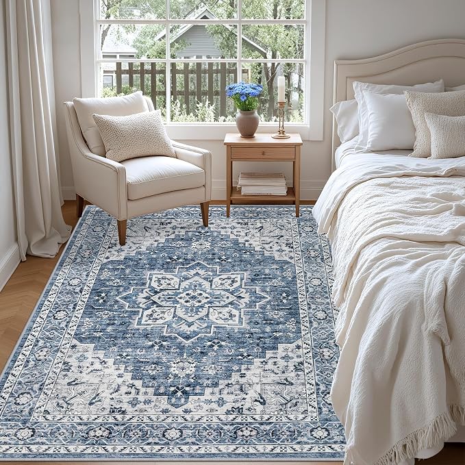 3x5 Area Rugs Living Room: Washable Vintage Rug for Bedroom Blue | Boho No Slip Stain Resistant Rug Soft Indoor Decor Floor Floral 3x5 Area Rugs for Dining Room, Nursery, Hallway, Home Office