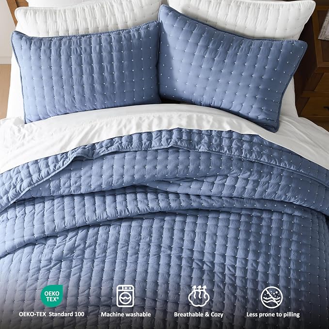 WDCOZY Blue California Cal King Size Quilt Bedding Sets with Pillow Shams, Oversized Lightweight Soft Bedspread Coverlet, Quilted Blanket Thin Comforter Bed Cover, 3 Pieces, 118x106 inches