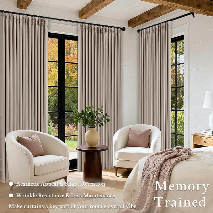Viral Pleated Blackout Burlap 120 Inch Long Curtains Burlywood Birch | Pinch Pleated, Taupe Linen Curtains, Double Layer 100% Black Out, Soundproof, Neutral Cottagecore Window Drapes 2 Panels