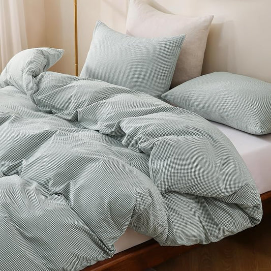 TOCOMOA Mini Gingham Green Duvet Cover Set Washed Cotton Like Linen, Queen | 100% Washed Cotton Linen-Like Feel Soft, Breathable & Comfy. Lightweight Bedding Set with Zipper & 8 Ties. 3 Pcs, No Insert