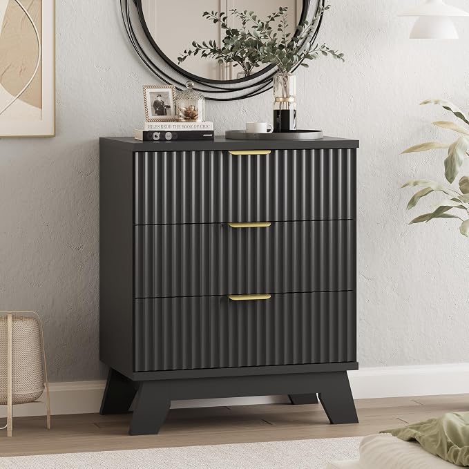 Fluted Dresser for Bedroom with 3 Drawers, 24" Wide Modern Chest of Drawers with Metal Handle, Wooden Dresser TV Stand, Wood Closet Clothes Storage Drawer Organizer for Living Room, Hallway, Black