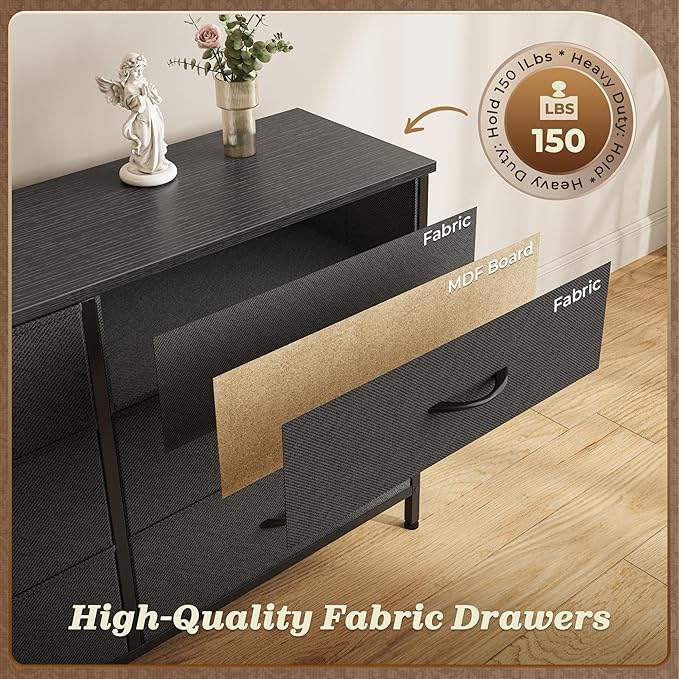 Huuger 70 Inch Long Dresser for Bedroom, TV Stand for 65, 75, 80 Inch TV | 13 Large Fabric Drawer, Large Entertainment Center for Bedroom, Wide Chest of Drawer with Storage, Black